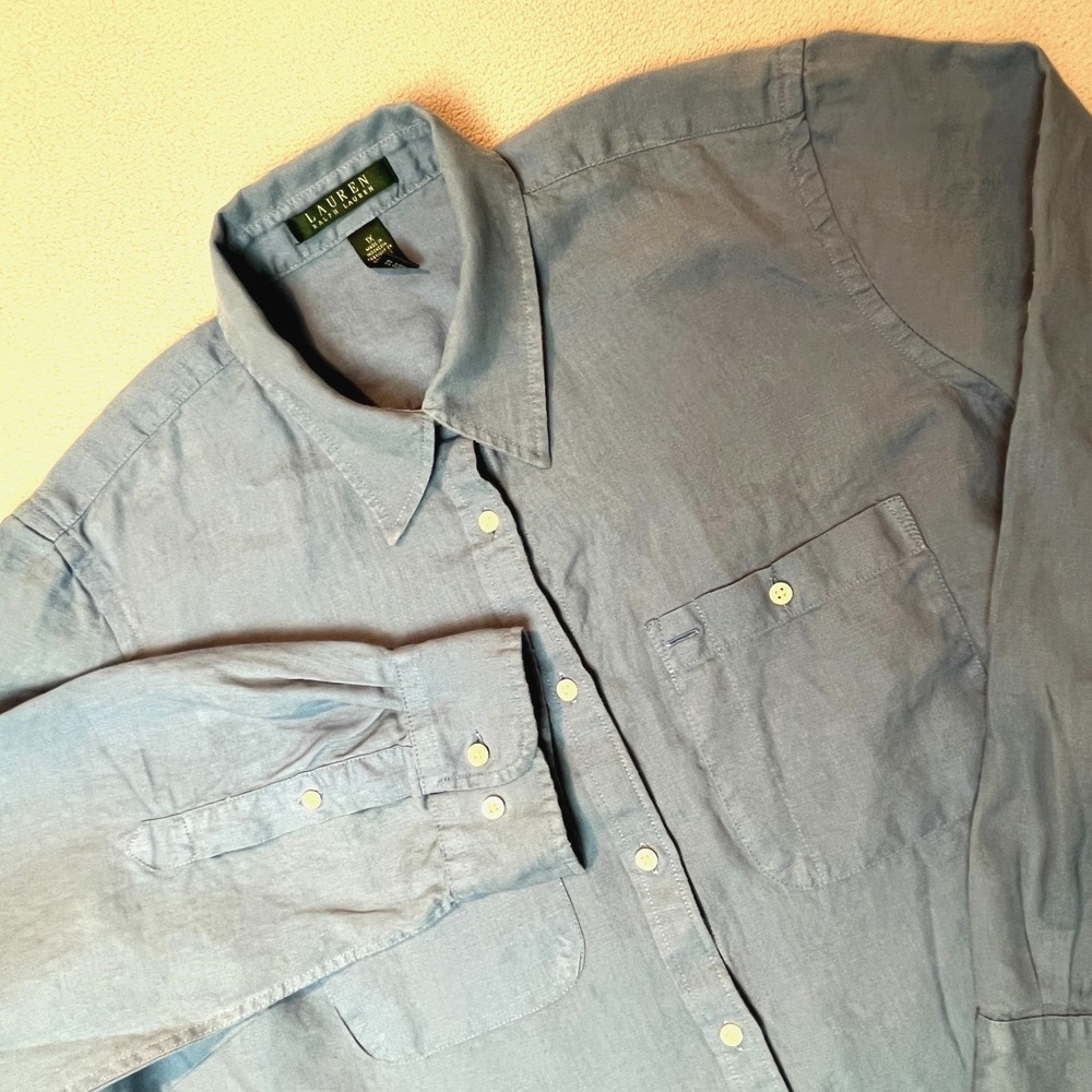 Lauren Ralph Lauren Womens 1X Linen Button Up Shirt Blue Long Sleeve